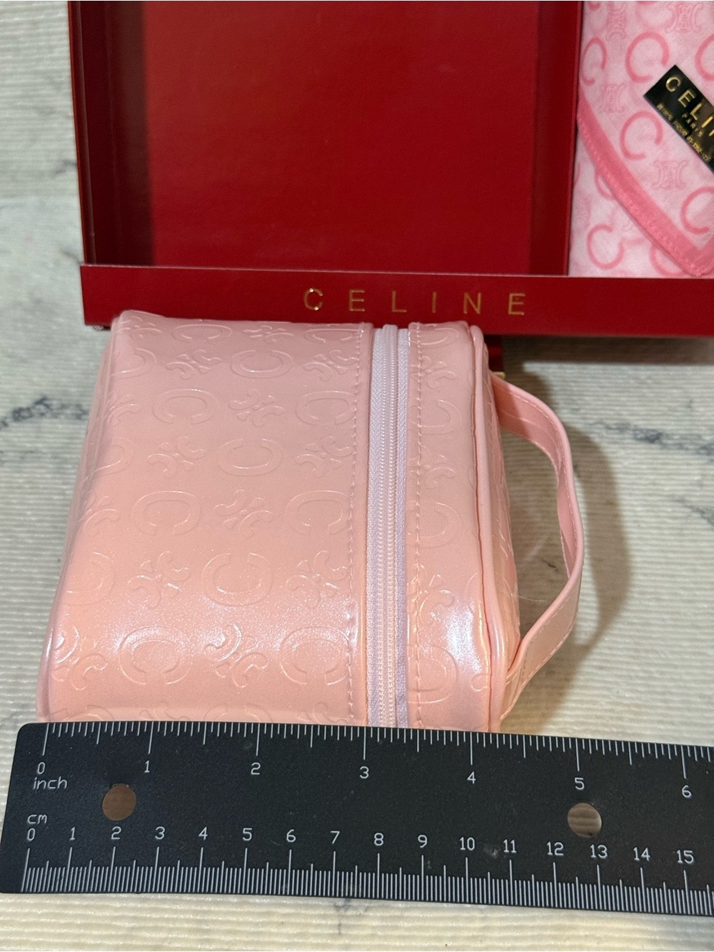 Celine Light Pink Embossed Vanity Cosmetic Case & Cotton Scarf Set - Picture 11 of 11